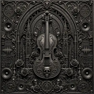 Gothic violin with skulls and roses, Relief Noir style, CO2 laser engraving file, — free download