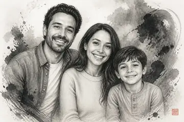 Smiling family portrait, Creative Studio · Shadowwash Portrait style, CO2 laser engraving file, — free download