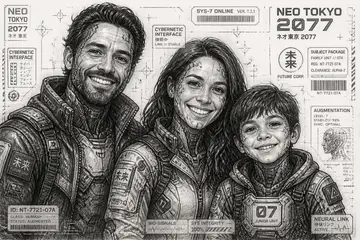 Cyberpunk family portrait, Creative Studio · Cyberpunk Neon Poster style, CO2 laser engraving file, — free download
