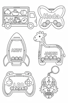 Outline toy-themed name puzzles, Outline style, CO2 laser engraving file, — free download