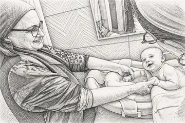 Elderly woman bathing baby, Pencil-Sketch style, CO2 laser engraving file, — free download