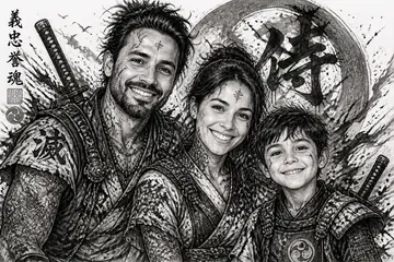 Samurai family portrait, Creative Studio · Japanese ink-punk style, CO2 laser engraving file, — free download